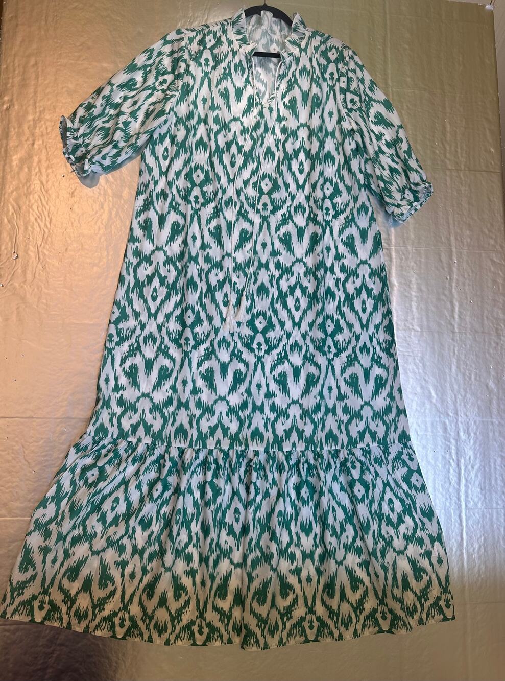 3XL Green White Ikat Tiered Boho Maxi Dress 3/4 Sleeve NWOT